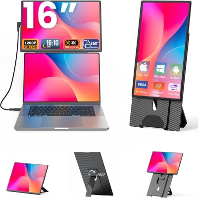 Monitor Extensibil Dublu Laptop, Ecran 16&amp;quot; IPS Full HD 1200P, USB-C, Plug &amp;amp; Play, 360&amp;deg; Rotire, Portabil, Compatibil Windows/MacOS, Suport Inclus, Negr foto