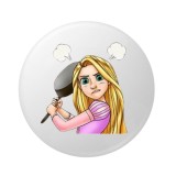 Cumpara ieftin Insigna metalica rotunda cu ilustratie personaj feminin stil animatie, model expresiv cu tigaie, design grafic color