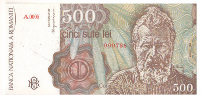 SV * Romania 500 LEI 1991, 1 Aprilie * BNR * Seria A.0005 * UNC foto