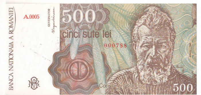 SV * Romania 500 LEI 1991, 1 Aprilie * BNR * Seria A.0005 * UNC