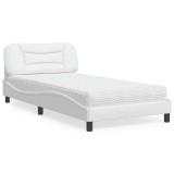 Pat cu Saltea vidaXL, Piele Ecologica, Alb, 100x200 cm, Cadru Metalic, Somn Odihnitor, Suport Lombar, Spuma Confort H2/H3