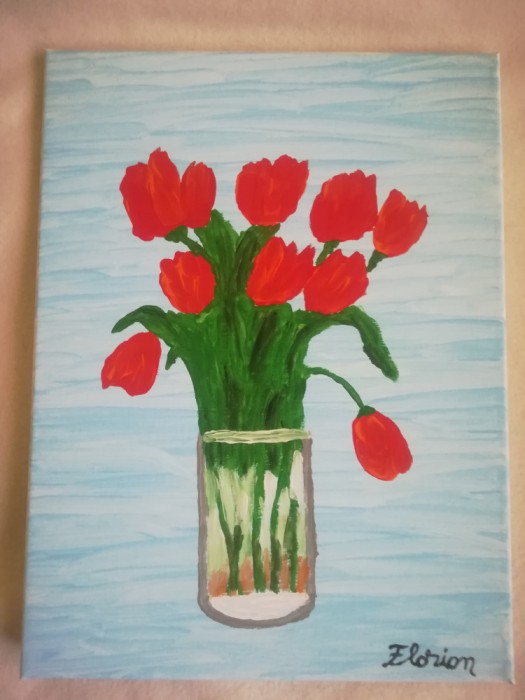 TABLOU PE PANZA CU SASIU NOU 30X40 CM VAS CU LALELE LA PRETUL DE DOAR 10 LEI