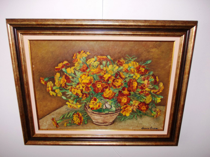 Laura Cocea Cornescu (1893-1985) &quot;Vas cu flori&quot;, ulei/carton, tablou autentic