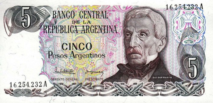 ARGENTINA █ bancnota █ 5 Pesos Argentinos █ 1983-84 █ P-312 █ UNC necirculata