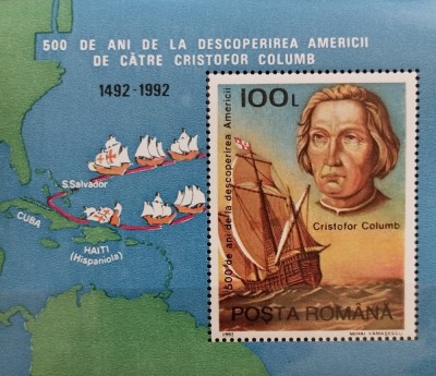 BC994, Romania 1992, colita corabii, Columb foto