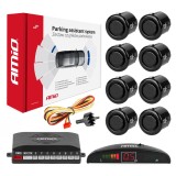Set senzori de parcare LED AMiO Gold cu 8 senzori negri, diametru montaj 18 mm, afisaj LED, buzzer, 12V, raza 0-2,5 m, 40KHz, cablu ~5 m