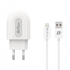 INCARCATOR RETEA (14134) DETECH DE-28I 230V / 5V - 2,4A + CABLU DE DATE LIGHTNING IPHONE 5/6/7 (FASTCHARGER) ALB BLISTER