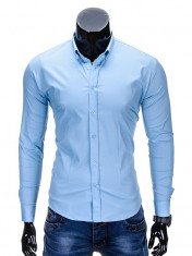 Camasa pentru barbati, bleu, simpla, uni, slim fit, elastica, cu guler, bumbac - K219 foto