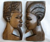 Set 2 sculpturi etnice africane Zair, profiluri cuplu cu dubla fata, lemn abanos