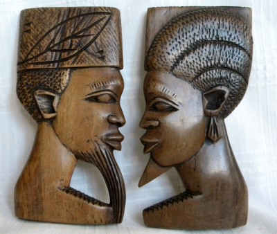 Set 2 sculpturi etnice africane Zair, profiluri cuplu cu dubla fata, lemn abanos foto