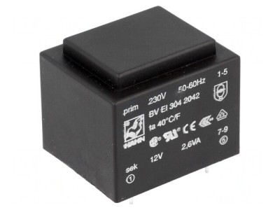 Transformator &amp;icirc;ncapsulat 2,6VA 230V la 12V 217mA PCB BVEI foto