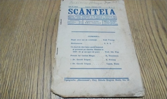 SCANTEIA Anul XI, Ianuarie-Februarie 1940, Nr.1-2 - Emil Precup (director) -32p.