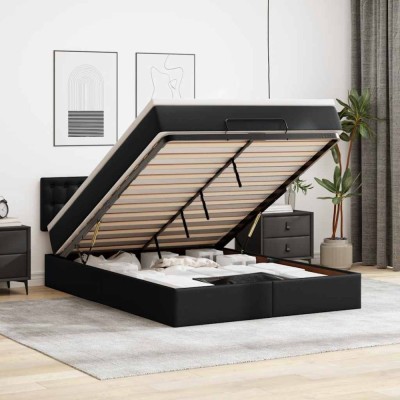 vidaXL Pat otoman cu saltele și LEDs, negru 140x190cm, piele ecologică 3312152 foto