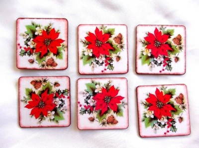 Set suporturi pahare flori albe si floare rosie Craciunita, suport pahare 39927 foto