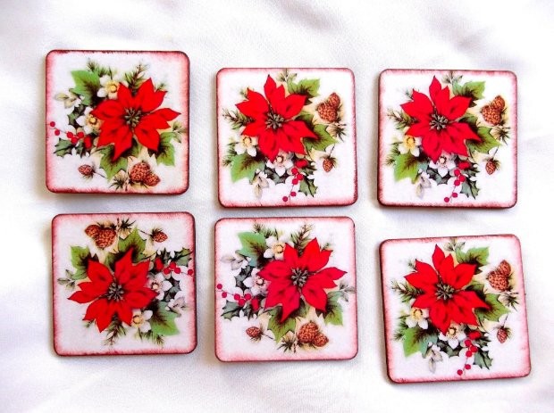 Set suporturi pahare flori albe si floare rosie Craciunita, suport pahare 39927