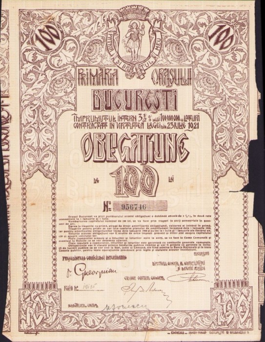 A540 Obligațiune de 100 lei Primăria orașului București, interbelică