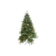 Brad artificial eMazing de Craciun, inaltime 210 cm, Verde crud, Premium, Ace 3D, Aspect natural, decorat cu fructe rosii si conuri