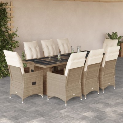 vidaXL Set bistro de grădină, 9 piese, cu perne, bej, poliratan 3277265 foto
