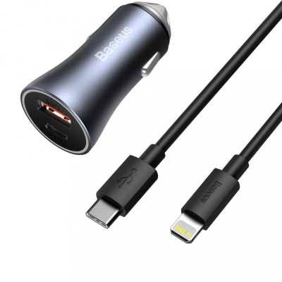 INCARCATOR auto Baseus Golden Contactor,1xUSB Output 5V/3A si 1xUSB Type-C Output 5V/3A,40W,cablu 5A USB Type-C la Lightning de 1m,pt. bricheta auto,g foto
