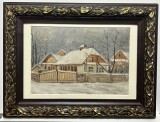 Ioan Balau 1980 Tablou Peisaj de Iarnă Gospodărie Țărănească pictură &icirc;n ulei &icirc;nrămată 40x52cm