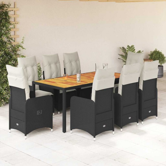 Gossi set bistro de gradina, 9 piese, cu perne, negru, poliratan