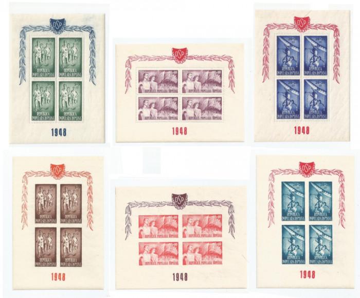 |Romania, LP 249a/1948, OSP, dantelat si nedantelat, blocuri de 4, eroare, MNH