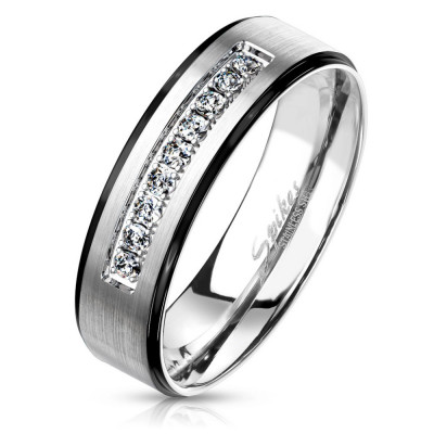 Inel din oțel cu un finisaj mat - &amp;icirc;mpodobit cu zirconii strălucitori &amp;icirc;n crestătură, margini negre, 6 mm - Marime inel: 67 foto