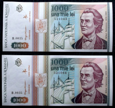 ROMANIA set lot 2 x 1000 1.000 LEI MAI 1993 consecutive UNC necirculate ** foto