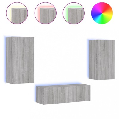 Comode TV de perete cu lumini LED, 3 piese, gri sonoma foto