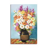 Tablou pictat manual, Vaza cu margarete si maci, 60x40cm pictura ulei pe panza