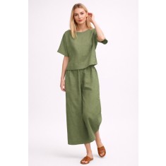Women's Linen Look Short Top and Pants Khaki Set