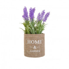 Flori de lavanda artificiale decorative in ghiveci acoperit cu panza de iuta