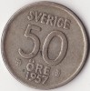 Moneda Suedia - 50 Ore 1957 - Gustaf al VI-lea Adolf - TS - Argint, Europa