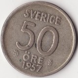 Moneda Suedia - 50 Ore 1957 - Gustaf al VI-lea Adolf - TS - Argint