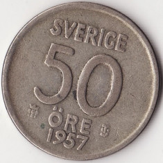 Moneda Suedia - 50 Ore 1957 - Gustaf al VI-lea Adolf - TS - Argint