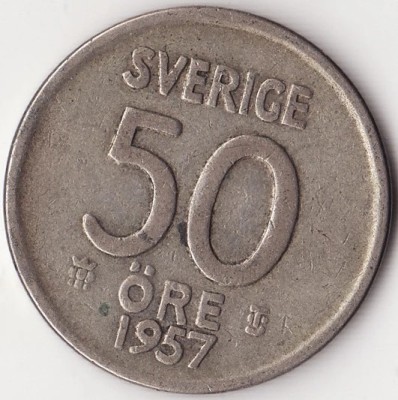 Moneda Suedia - 50 Ore 1957 - Gustaf al VI-lea Adolf - TS - Argint foto