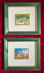 Lot 2 Tablouri Arta Naiva Picturi miniaturale semnate &icirc;nrămate rame lemn 28x31cm