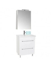 Set mobilier baie cu lavoar ceramic, GN0541, front MDF, 2 sertare, 60 cm, picioare cromate reglabile si dulap cu oglinda GN5011, MDF, iluminare led, c