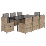 Cumpara ieftin Set de masa pentru gradina, 9 piese, cu perne, bej, poliratan