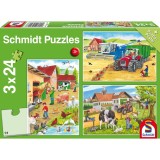 Puzzle Schmidt: La ferma, Set de 3 x 24 piese + Cadou: poster