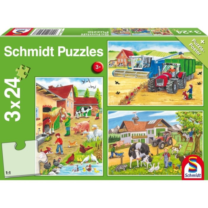 Puzzle Schmidt: La ferma, Set de 3 x 24 piese + Cadou: poster