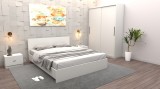 Set Dormitor Tania Alb Pat 160 cm x 200 cm + Noptiere + Dulap cu usi glisante 150 cm x 200 cm