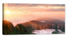 Tablou luminos in intuneric, GlowforHome, Raze Soare si ceata peste peisaj de iarna si padure, 80 cm x 40 cm foto