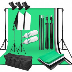 Kit studio foto,2 lumini softbox,suport fundal 2x2 m,4 panze fundal,2x bec 135W + geanta transport