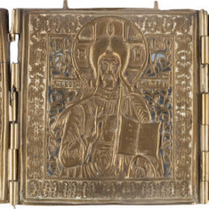 IIsus Pantocrator, Maica Domnului si Sf. Ioan Botezatorul, Triptic de calatorie din bronz, Rusia, Sec. 19