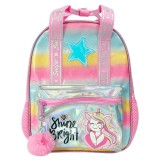 Ghiozdan pentru fete, gradinita, model Unicorn si sclipici, breloc pompom, 25x12x32 cm, roz cu albastru, Oem