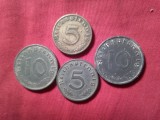 4 Monede Germania Reichs pfennig cu zvastica nazista :5 pf 1938 j bronz ,5pf 1942 a zinc ,10pf 1941 a zn , 10 pf 1940 b zinc cal. buna si f.buna