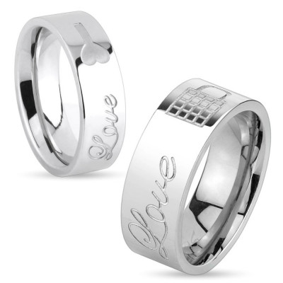 Inel lucios din oțel de culoare argintie, inscripția Love și lacăt &amp;icirc;nchis, 8 mm - Marime inel: 70 foto