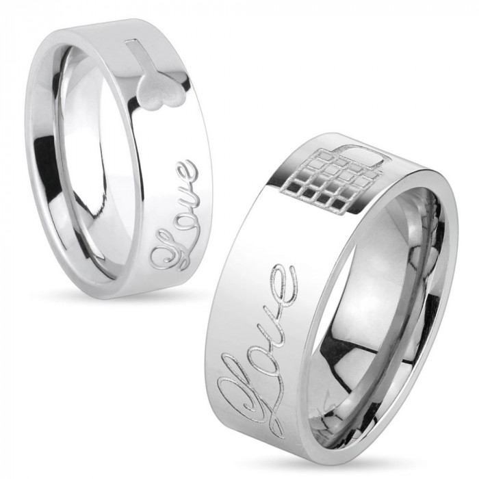 Inel lucios din oțel de culoare argintie, inscripția Love și lacăt &icirc;nchis, 8 mm - Marime inel: 70