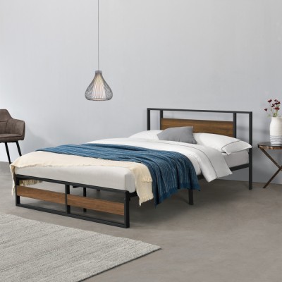 Pat cadru metalic Villach 209 x 144 x 85,5 cm negru/efect lemn de nuc [en.casa] HausGarden Leisure foto